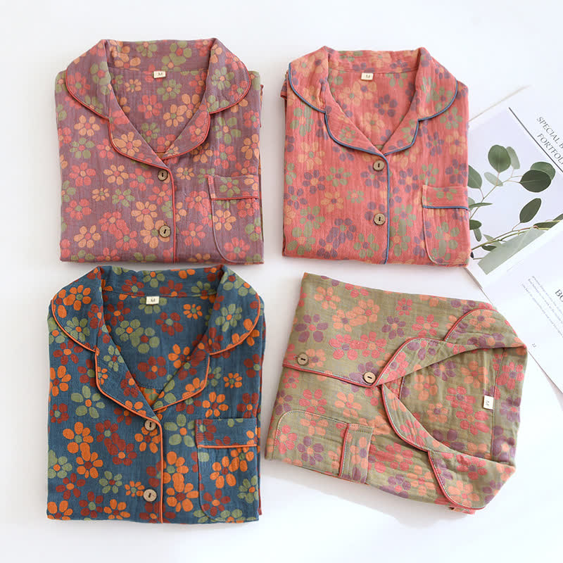 Musselin Schlafanzug Damen – Langarmliges Pyjama-Set aus Baumwolle - Loungewear