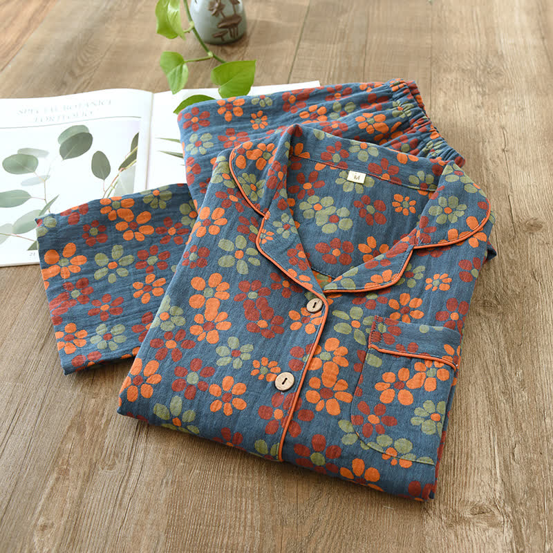 Musselin Schlafanzug Damen – Langarmliges Pyjama-Set aus Baumwolle - Blau / M - Loungewear