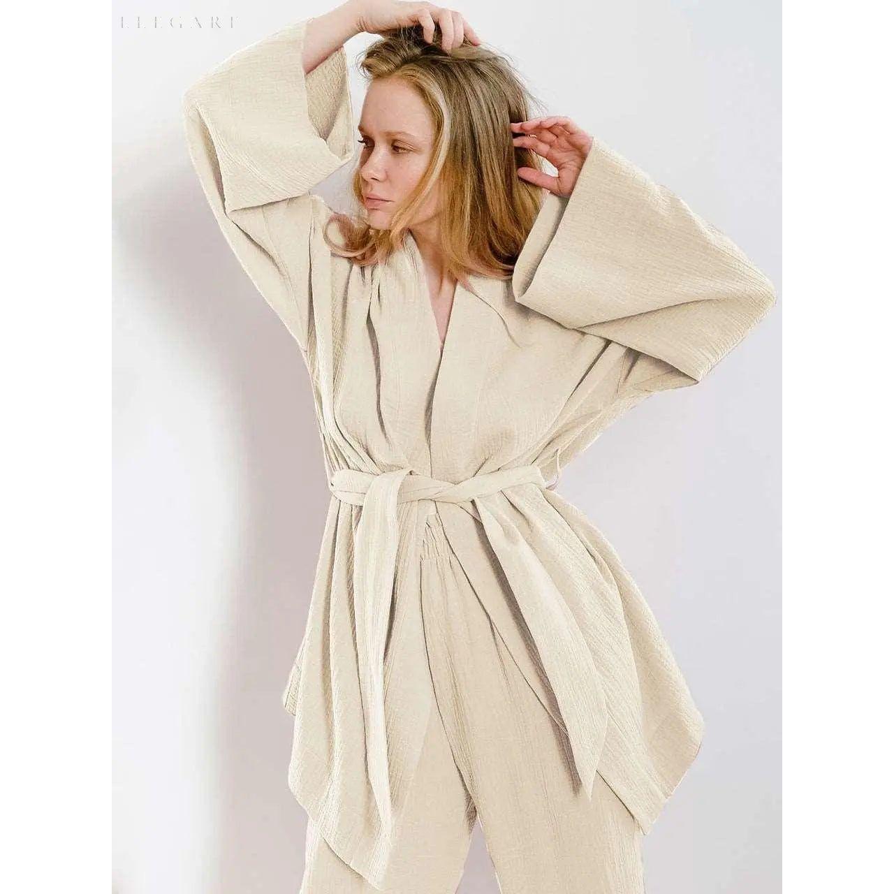 Nedasa Kimono – Pyjama aus 100 % Baumwolle - S / Beige - Damen-Set