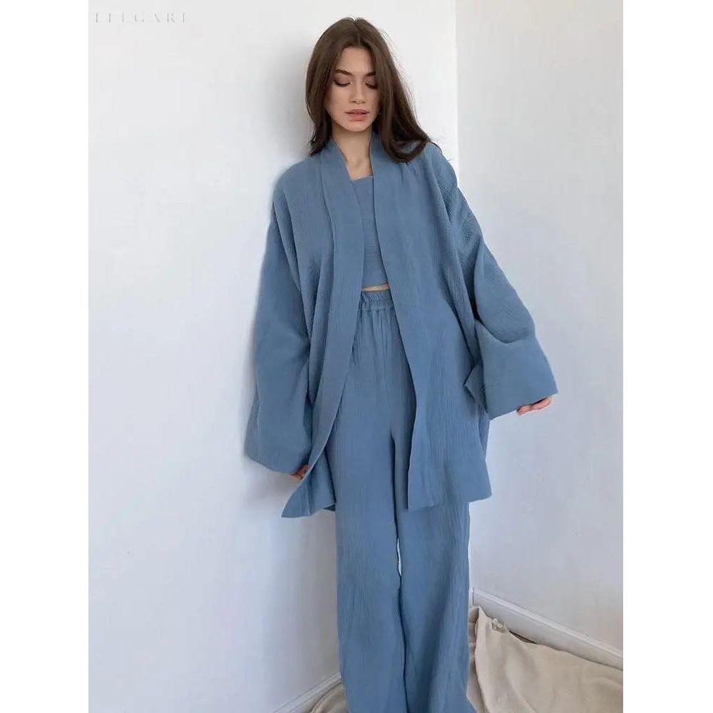 Nedasa Kimono – Pyjama aus 100 % Baumwolle - S / Blau - Damen-Set