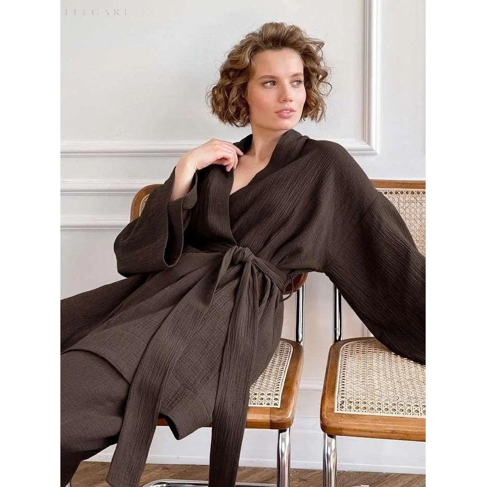 Nedasa Kimono – Pyjama aus 100 % Baumwolle - S / Braun - Damen-Set
