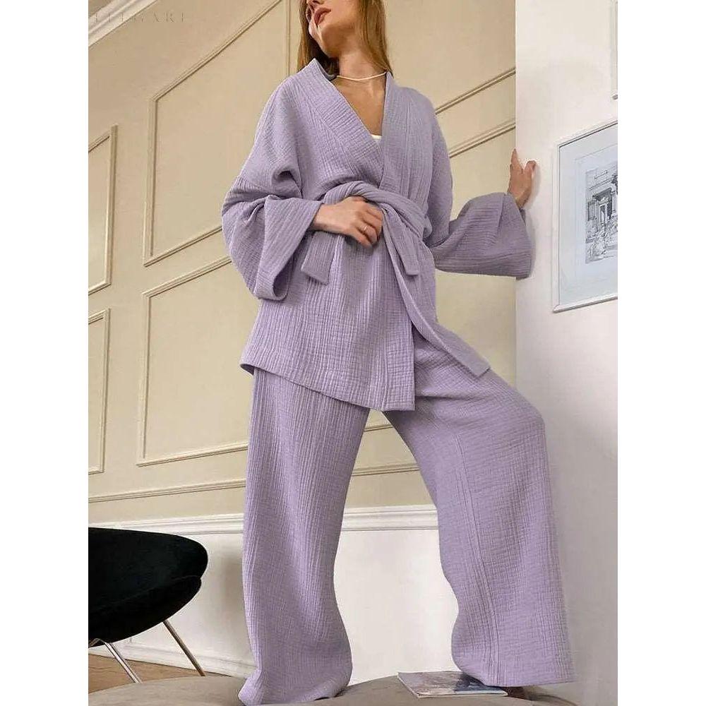 Nedasa Kimono – Pyjama aus 100 % Baumwolle - S / Lila - Damen-Set