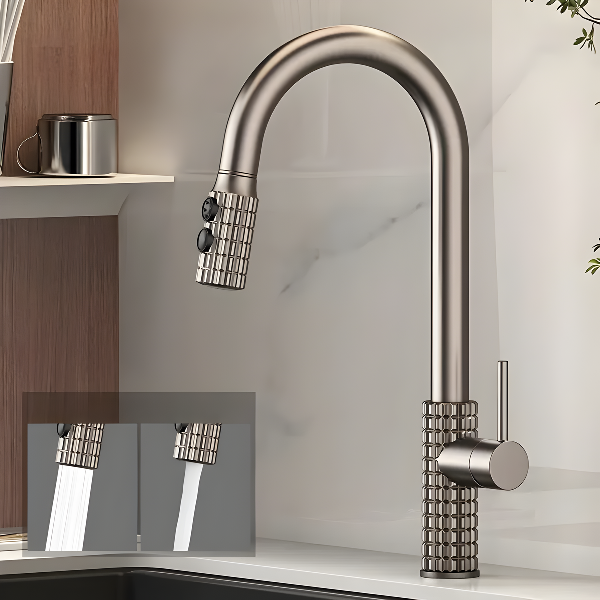 QuintaFlow - Hoher Bogen Metall Küchenarmatur - Grau - Wasserhahnarmatur