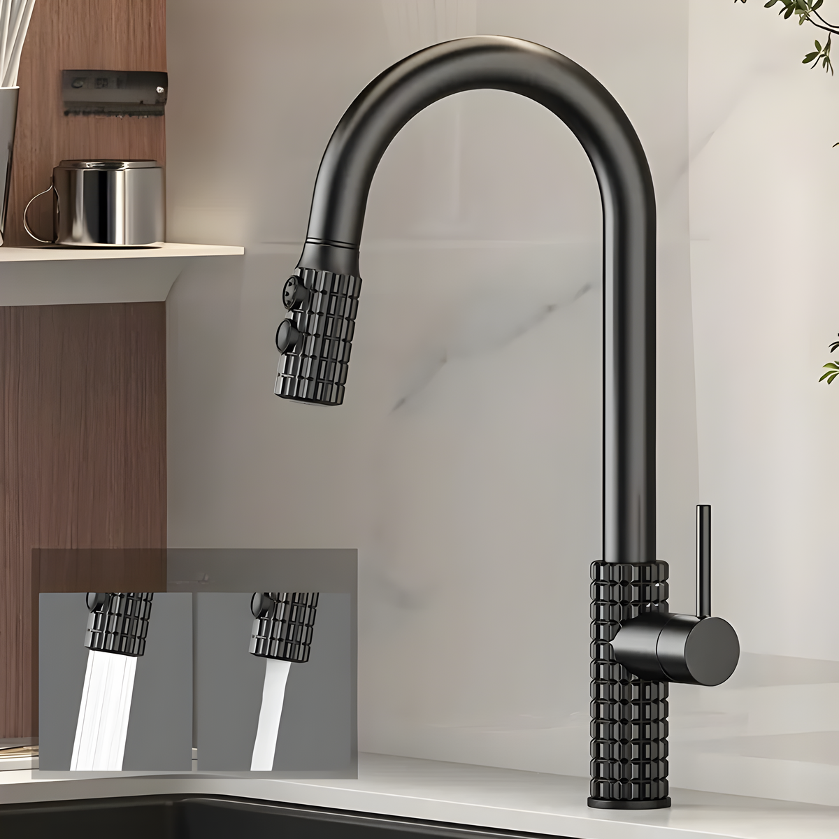 QuintaFlow - Hoher Bogen Metall Küchenarmatur - Schwarz - Wasserhahnarmatur