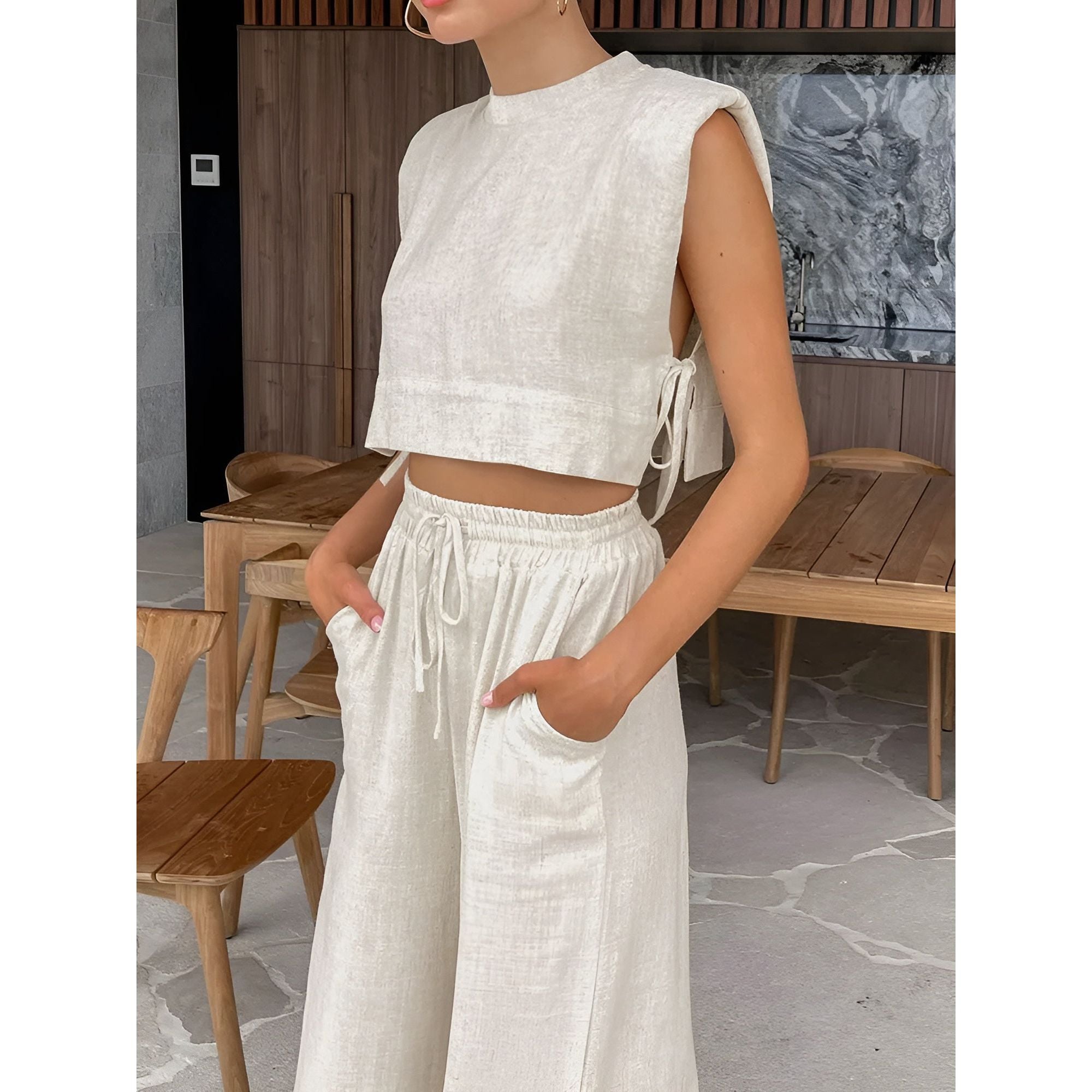 Leonie Set - Elegantes Zweiteiliges Sommer Leinen Set für Frauen (Crop-Top + Hose) - Elegare