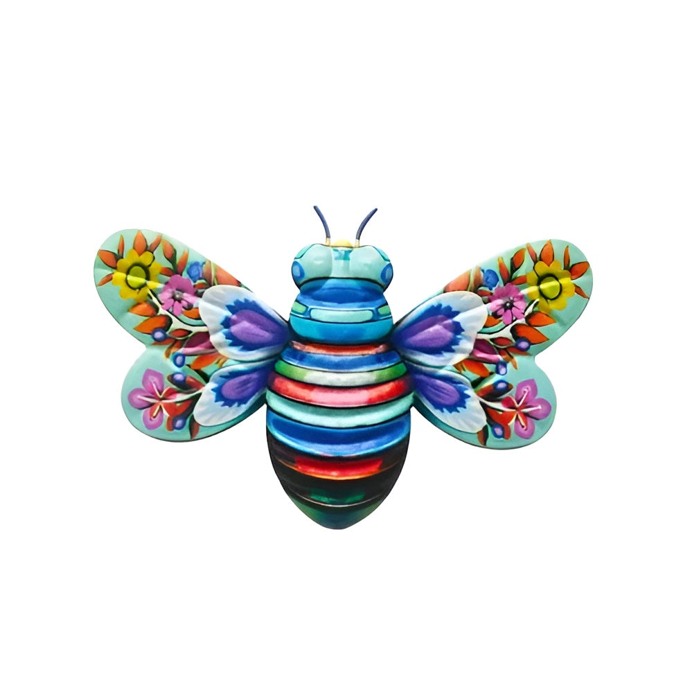 Realistische Metall-Bienen-Wanddekoration – Handgefertigte Details | Einzigartiger Gartenakzent - 1 Stück / Blaue Blume