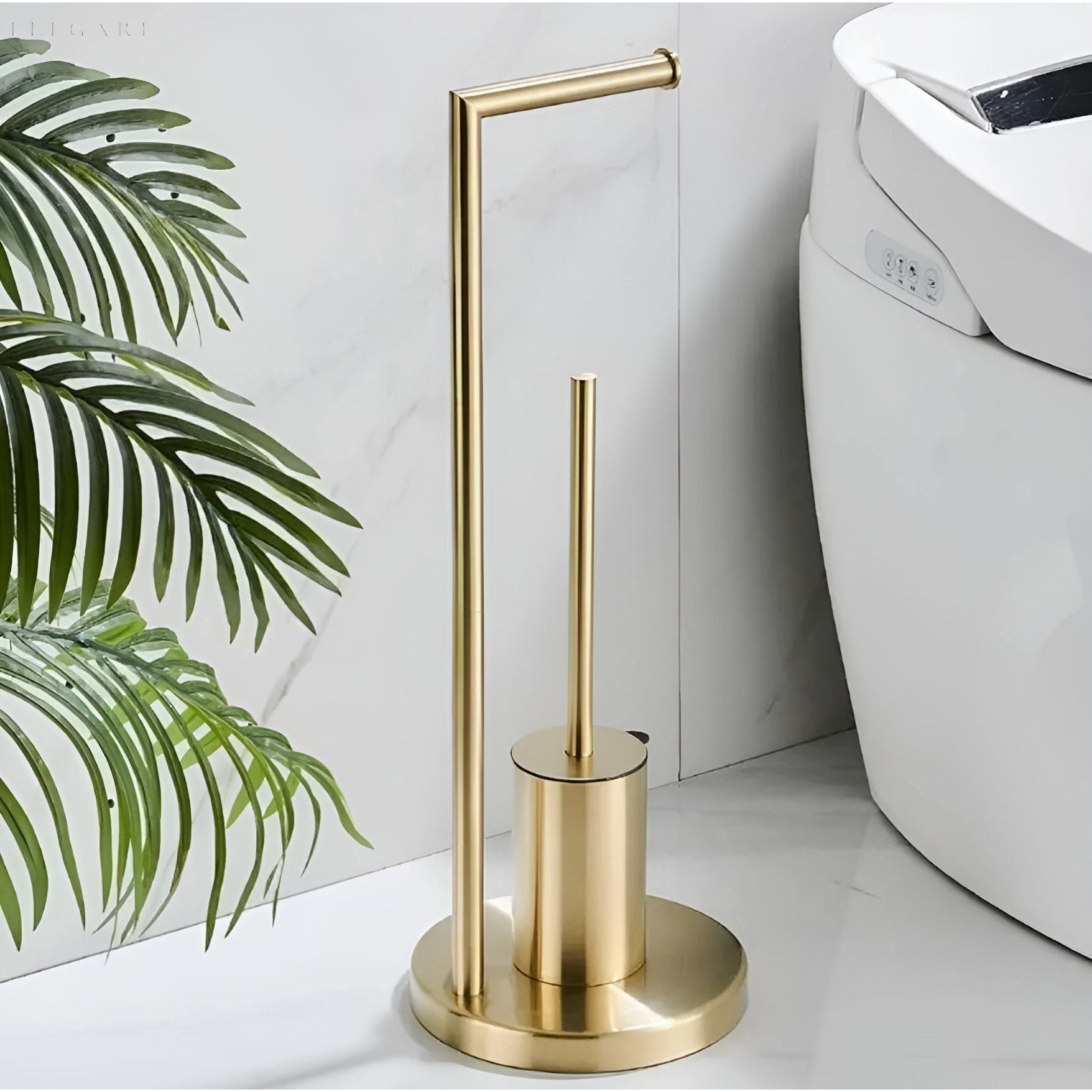 RollEase Holder - Funktionaler Badezimmer Toilettenpapierhalter mit Bürste - Gold - Wohnzubehör