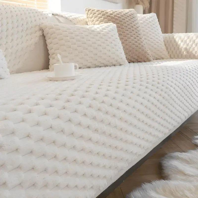 Romy - Plüschsofabezug - Hochwertige Sofa- und Kissenbezüge L Form - A 70x70 / Beige weiß - Sofabezug