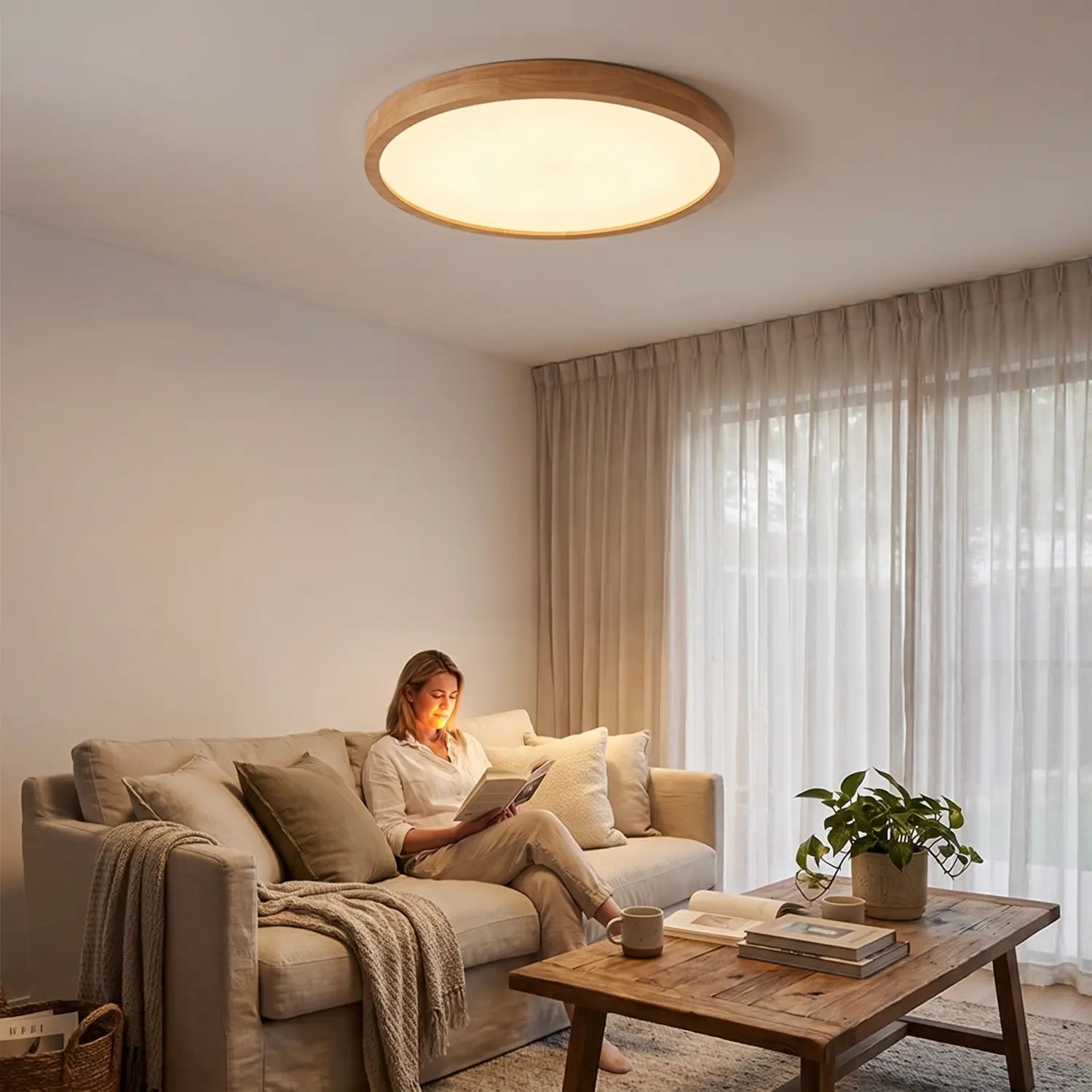 Runde LED-Deckenleuchte Holzoptik – Ultraflach Dimmbar Skandinavisch