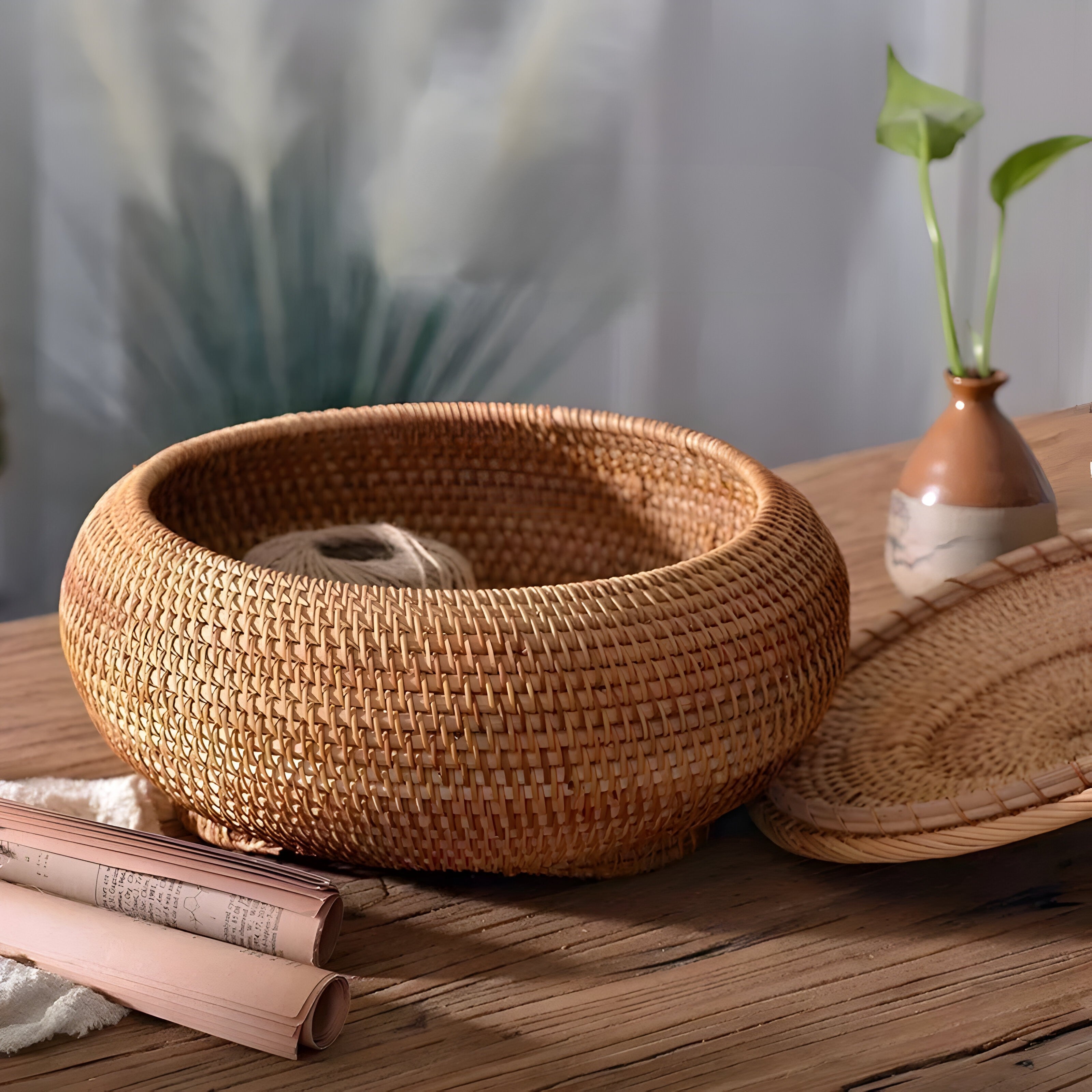 RusticBreeze Basket - Handgefertigte Rattan Aufbewahrungsbox mit Deckel - Decke