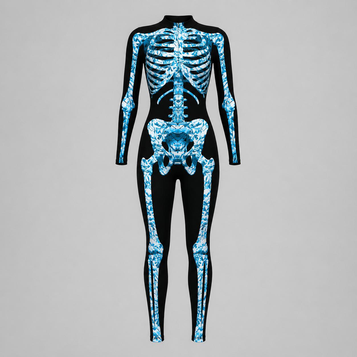 Skelett-Overall für Erwachsene – Eng anliegend Halloween-Kostüm - Blau / Knochen-Motiv 1 - Halloween-Kostüme