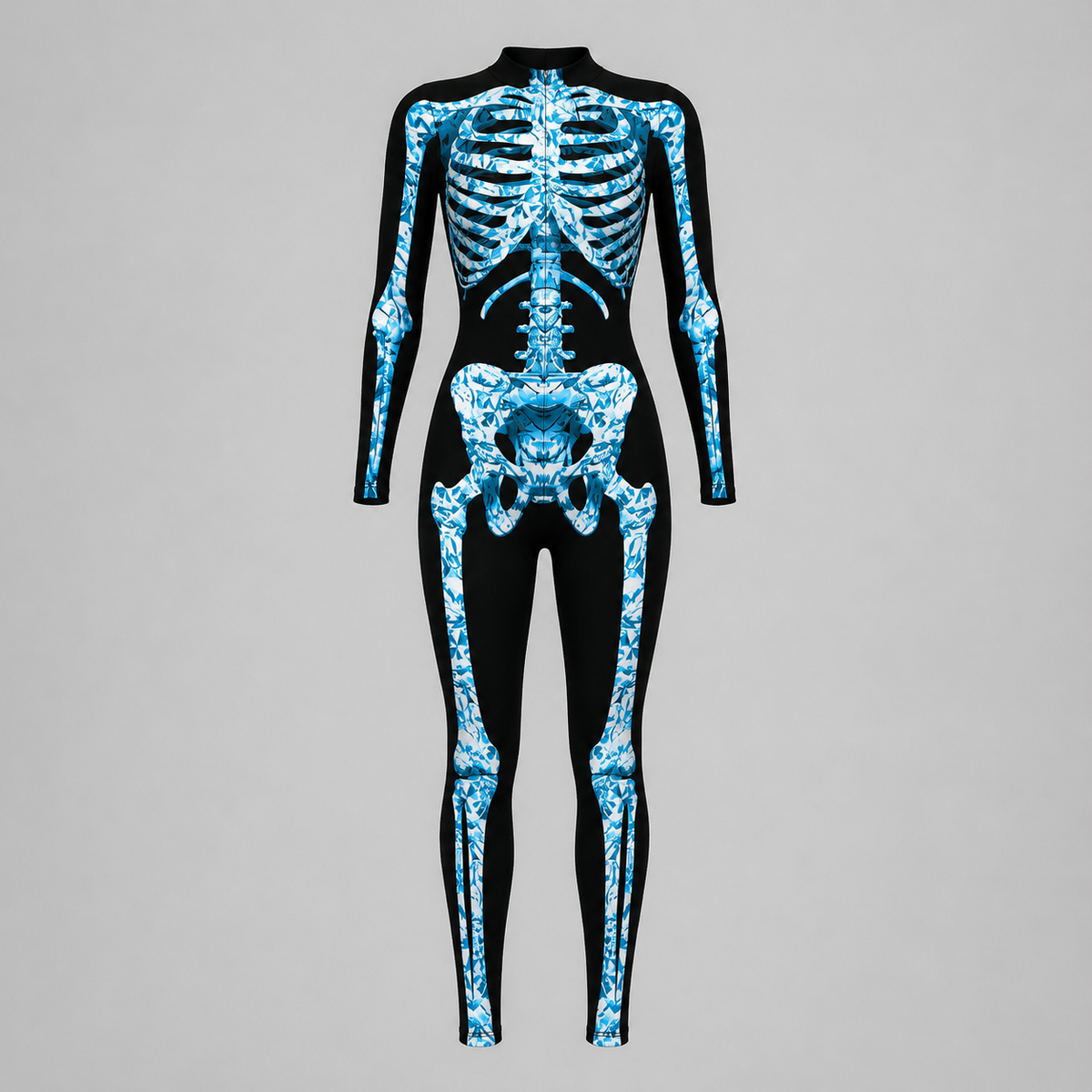 Skelett-Overall für Erwachsene – Eng anliegend Halloween-Kostüm - Blau / Knochen-Motiv 1 - Halloween-Kostüme