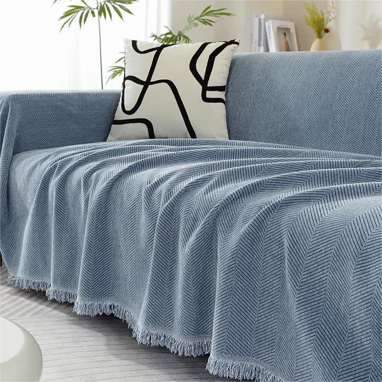 Sofabezug aus Chenille mit Fischgrätmuster und Quasten - Dunstblau / 180 cm x 130 cm - Sofaüberwurf