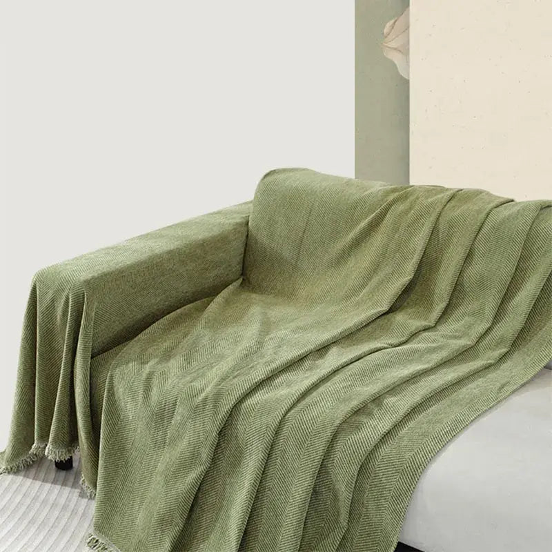 Sofabezug aus Chenille mit Fischgrätmuster und Quasten - Sofaüberwurf