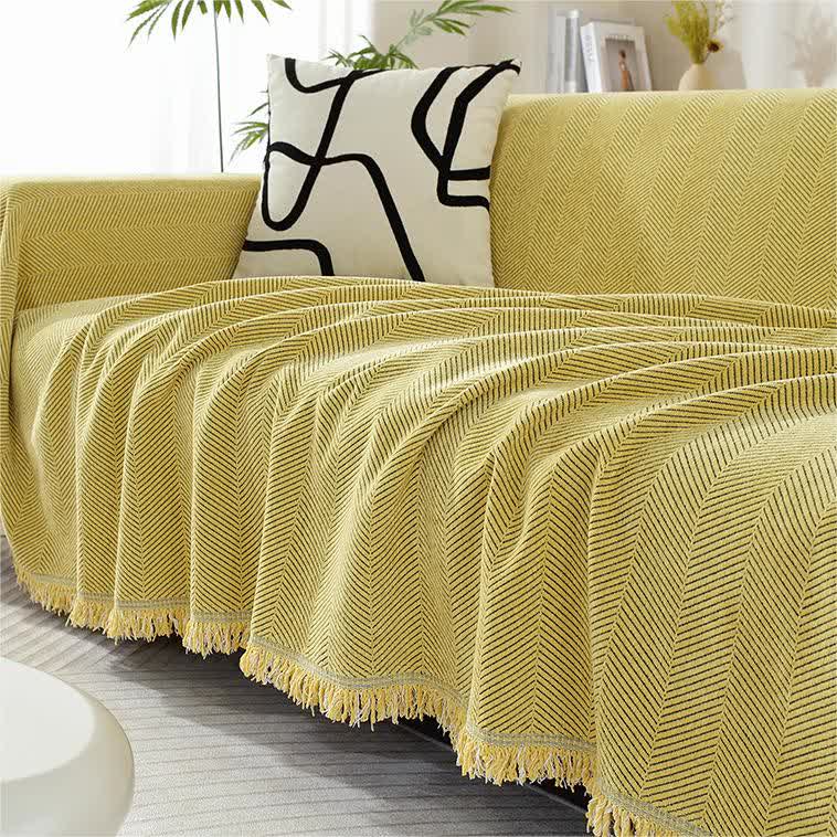 Sofabezug aus Chenille mit Fischgrätmuster und Quasten - Sofaüberwurf