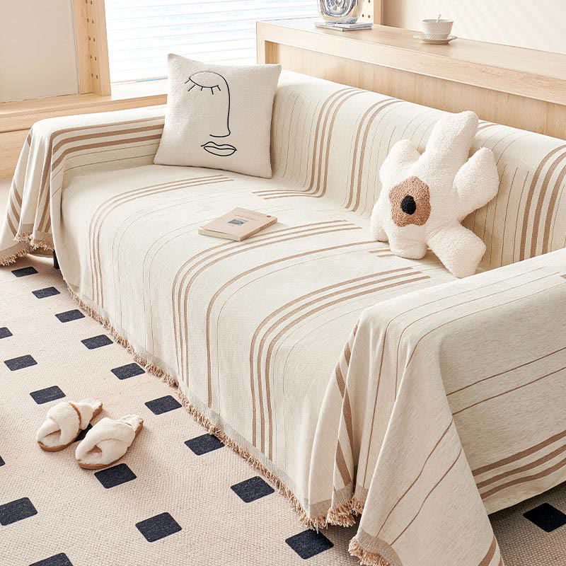 Sofabezug aus Chenille mit Streifenmuster und Quasten - Beige Streifen / 130 x 180 cm - Sofabezug