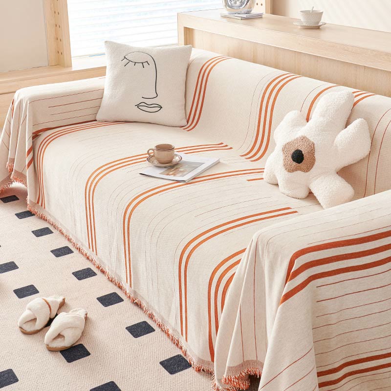 Sofabezug aus Chenille mit Streifenmuster und Quasten - Oranger Streifen / 130 x 180 cm - Sofabezug