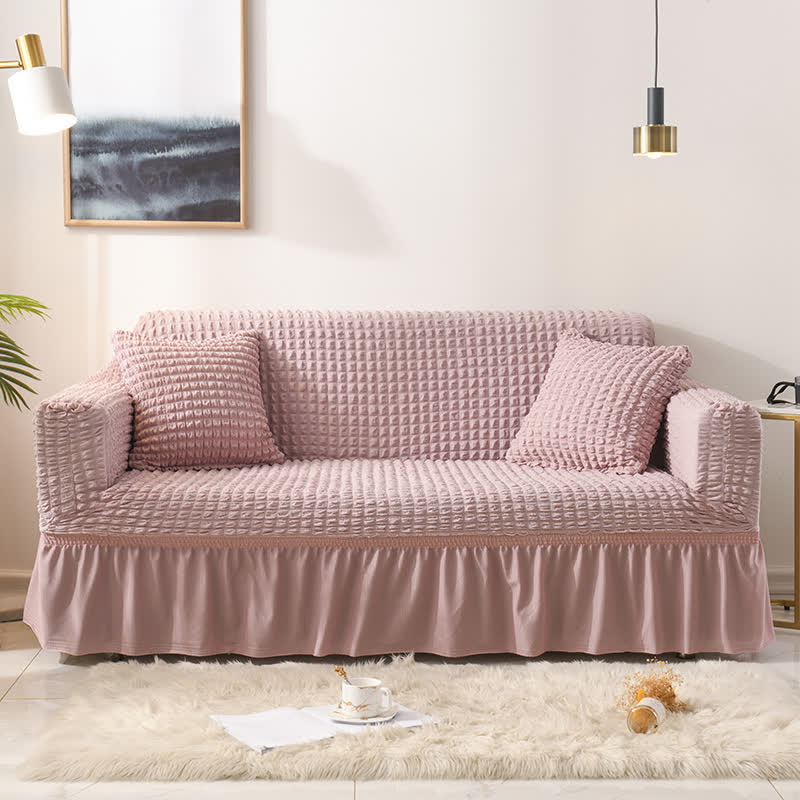 Sofabezug mit Rüschenrand und Gummiband – eleganter Sofaüberwurf - Pink / 1-Sitzer 35’’ - 55’’ (90 cm - 140 cm)