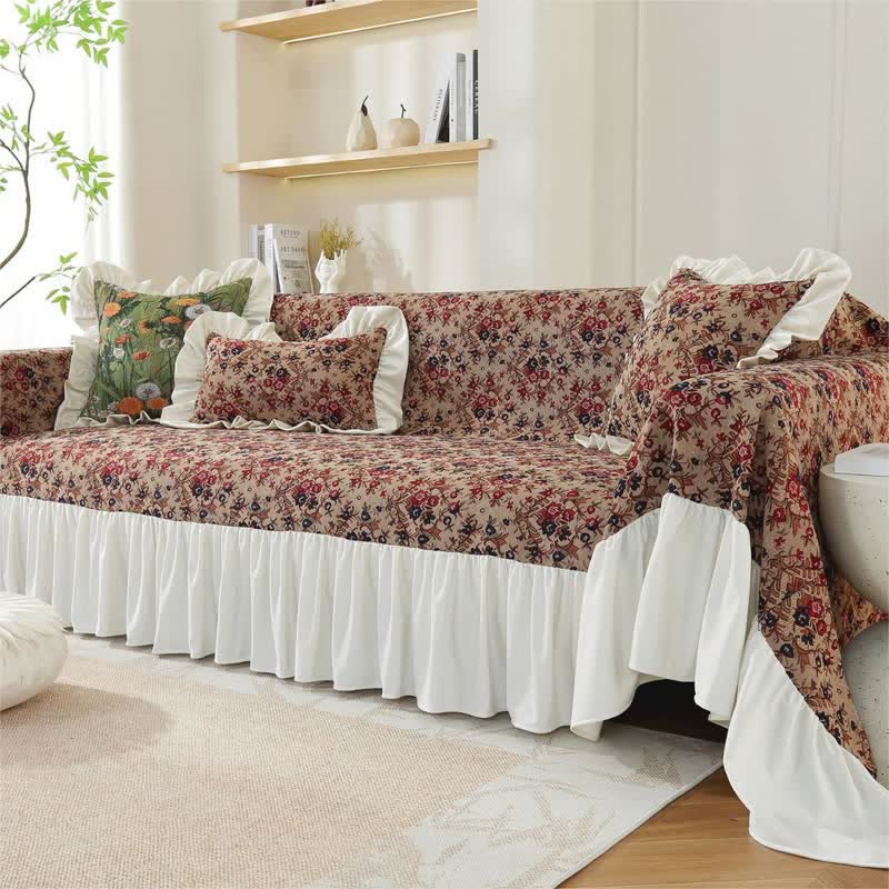 Sofabezug mit Vintage-Blumenprint und Rüschen - Sofabezug