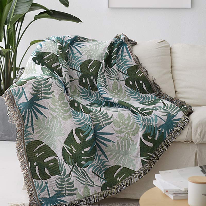 Sofaüberwurf mit Palmenmuster und Fransen – beidseitiges Tagesdecke - Wie abgebildet / 90 x 150 cm - Sofaüberwurf