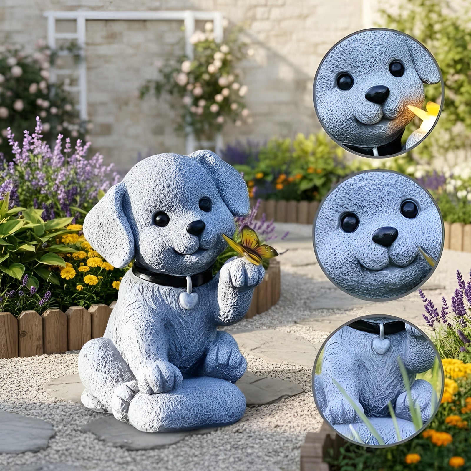 Solar-Gartenfigur Hund mit Schmetterling – Dekorative Gartenbeleuchtung | Wetterfest für Garten Terrasse und Balkon