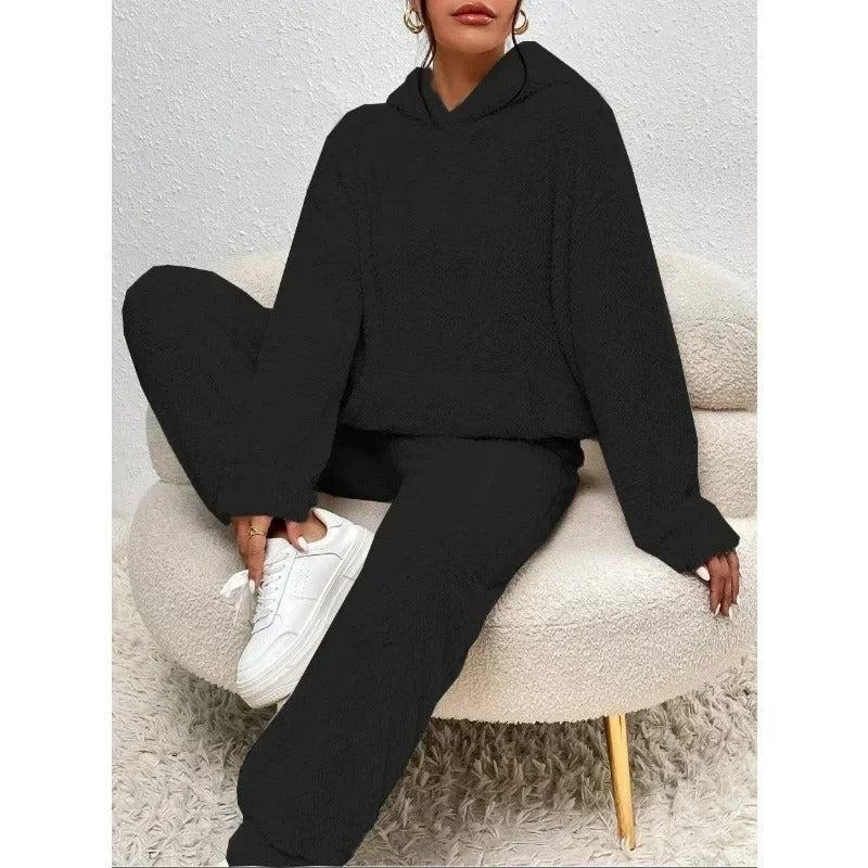 Teddy Fleece Hoodie und Jogginghose Set – Warmes 2-teiliges Outfit - Schwarz / XS - Damen Homewear-Set