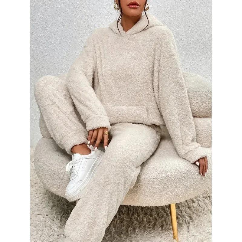 Teddy Fleece Hoodie und Jogginghose Set – Warmes 2-teiliges Outfit - Beige / XS - Damen Homewear-Set