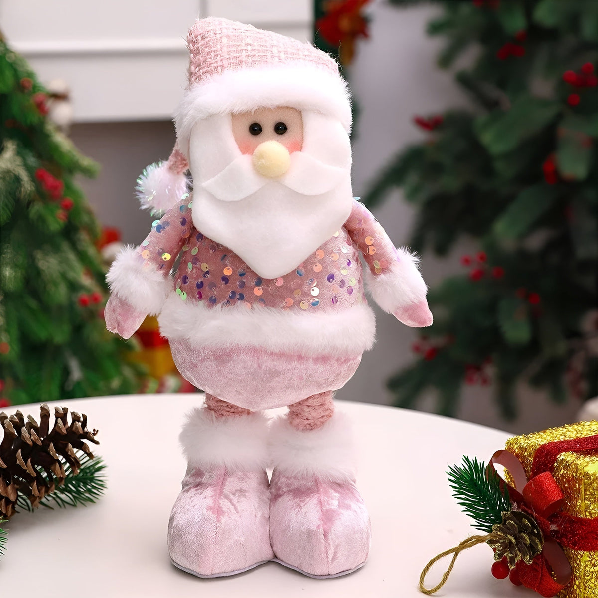 Teleskopischer Weihnachtsmann – Weihnachtsdekorationsfigur Schneemann und Elch | Funkelnde rosa Pailletten für Fenster