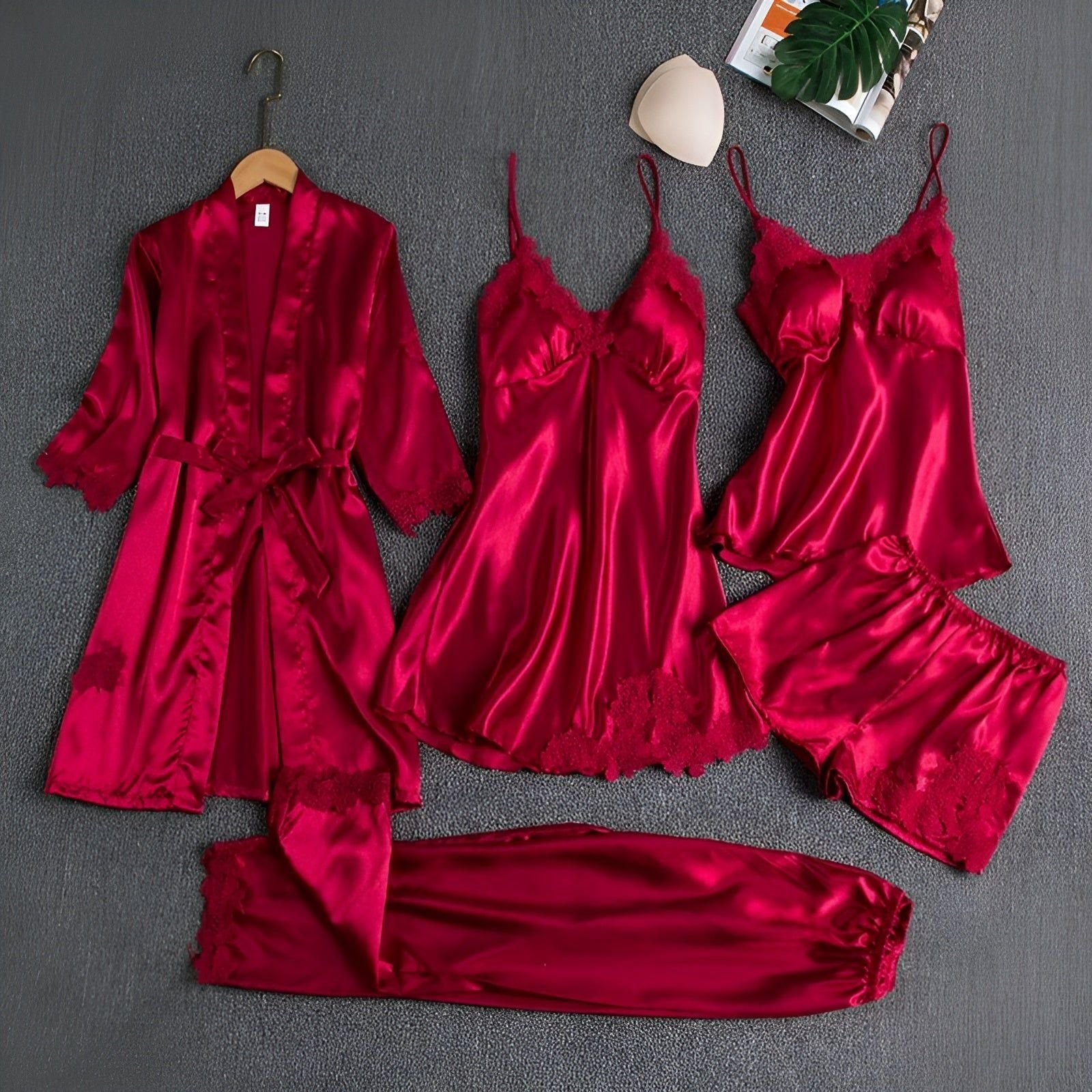 Theresa Set - Luxuriöses Pyjama-Set aus Kunstseide für Frauen - Rot / S - Damen-Set