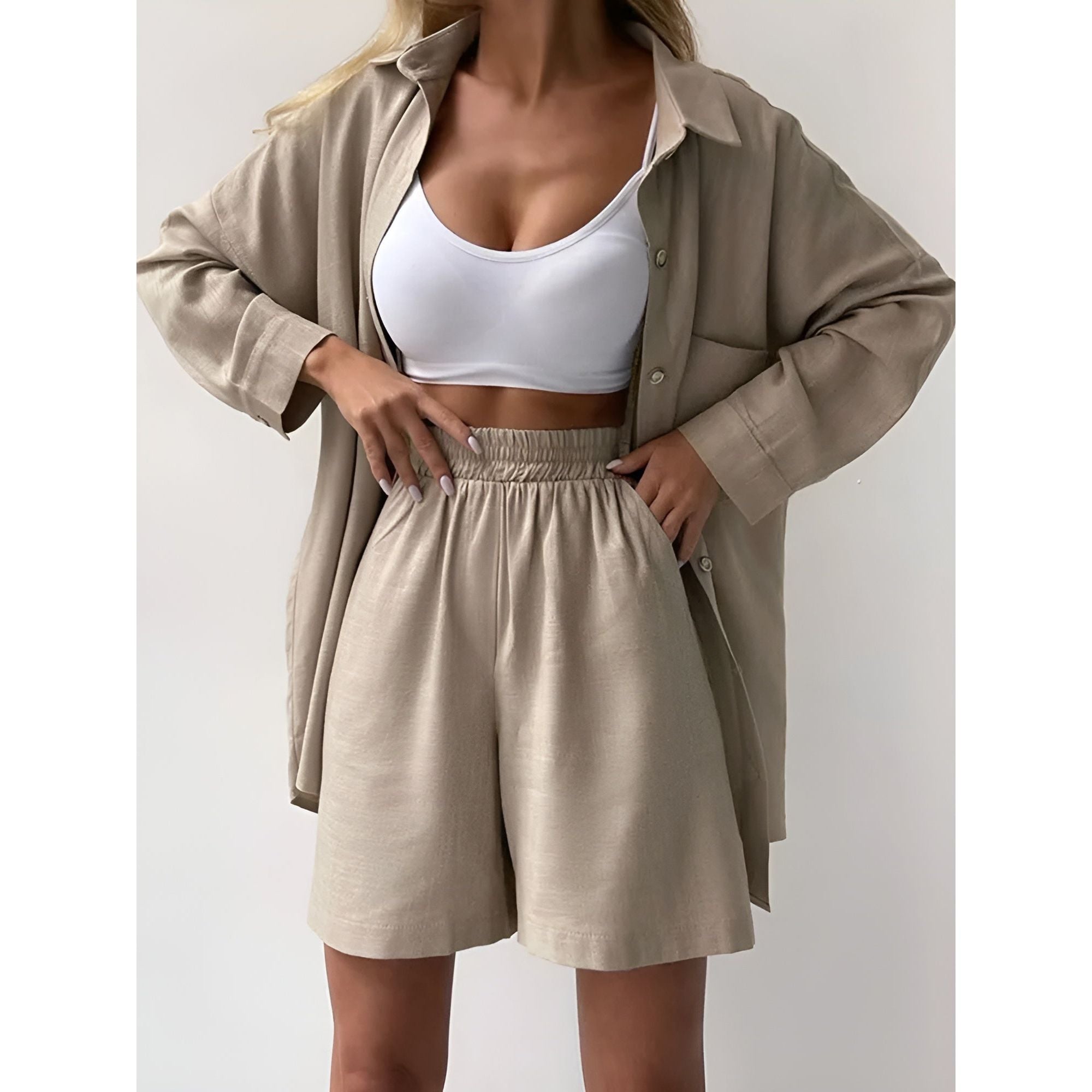 Adele Chic Set - Stylischer und Atmungsaktiver Sommeranzug für Frauen (Langarmshirt + Shorts) - Elegare