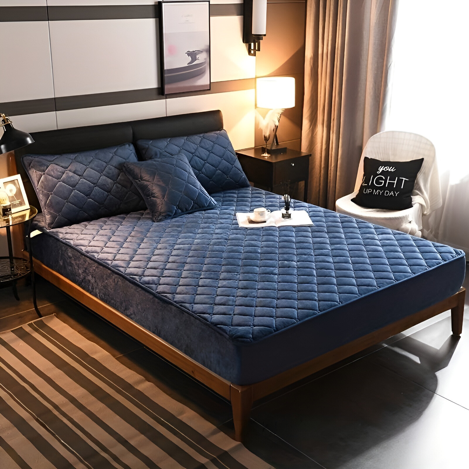 VelvetDreams Set - Atmungsaktives Samt-gestepptes Spannbettlaken-Set {1 Spannbettlaken + 2 Kissenbezüge} - Kissen