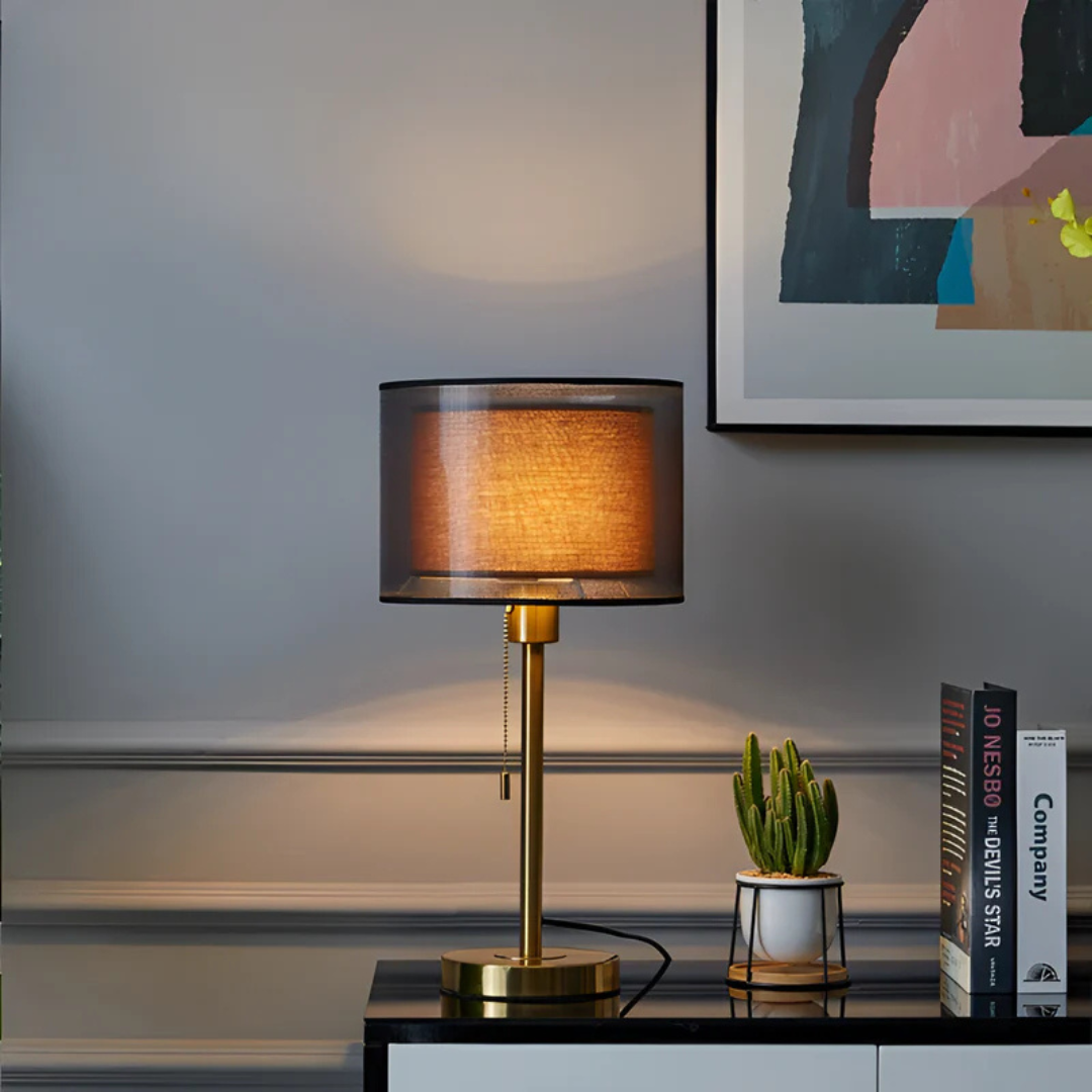 Vintage Tischlampe mit Doppelschirm aus Stoff für warmes Ambiente - Bronze / Dunkel - Tischlampe