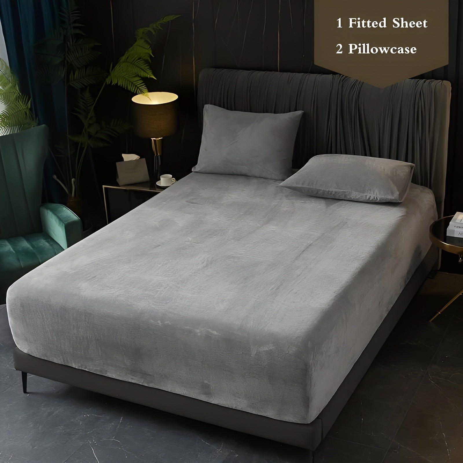 WarmVelvet Set - Luxuriöses weiches Samt-Spannbettlaken und Kissenbezug-Set - Grau / 90x200cm - Bettwäsche-Set