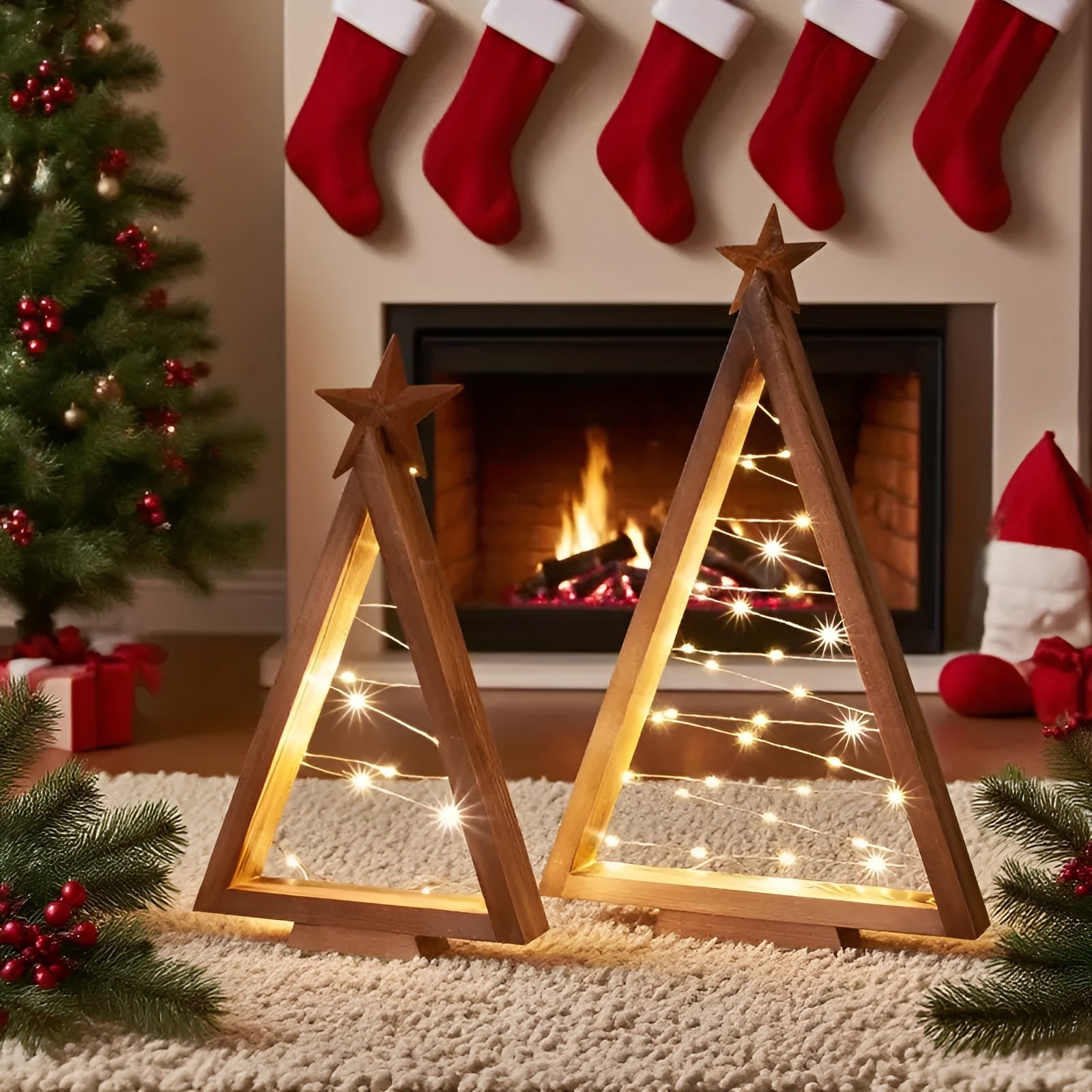 Weihnachtsbaum aus Holz – Warmweiß Beleuchtet | Perfekt für Tisch Kamin & Festliche Deko - Lampe