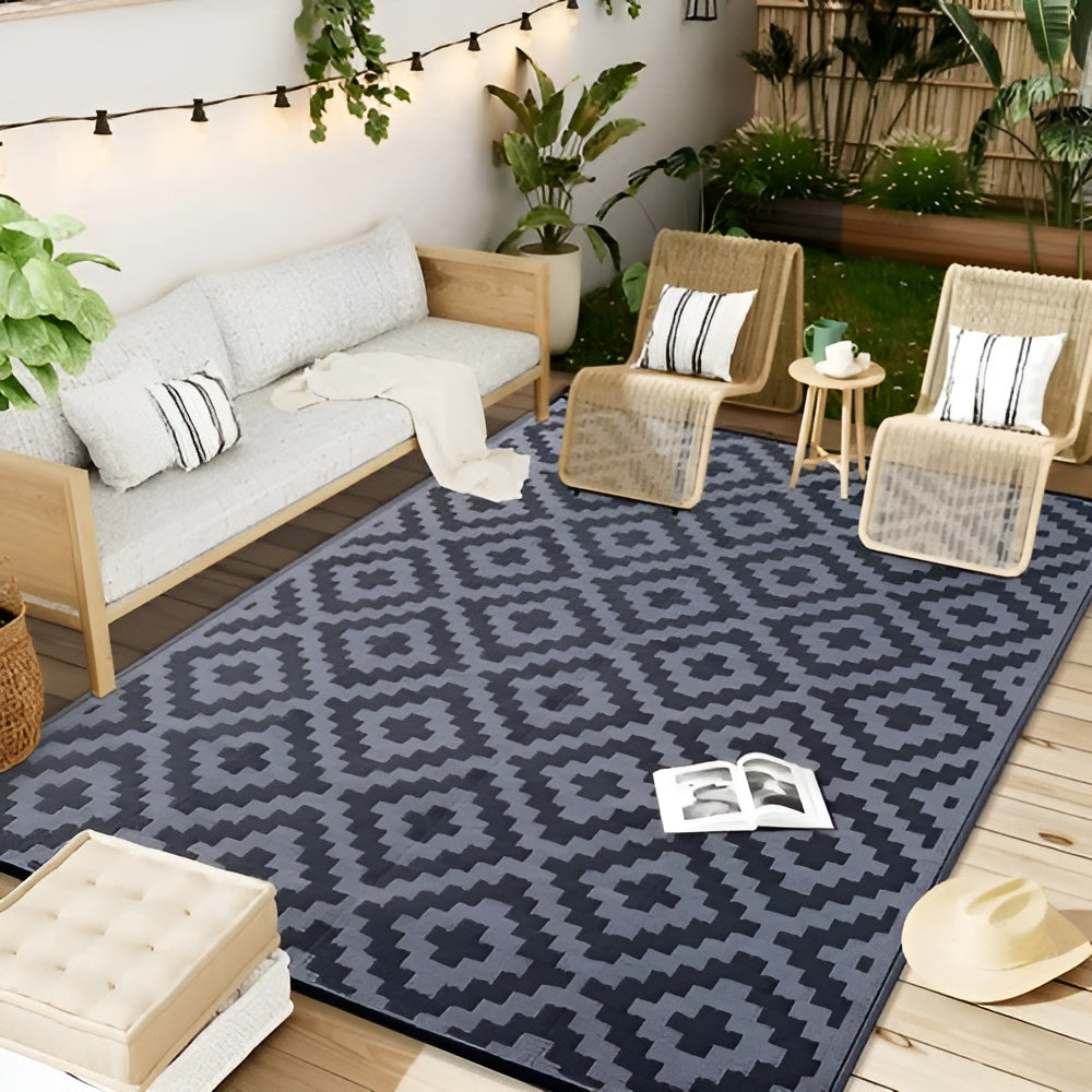Wendbare Outdoor-Matte – Rutschfest & UV-beständig | Polypropylen mit geometrischem Design - Schwarz-Grau / 183 x 274cm