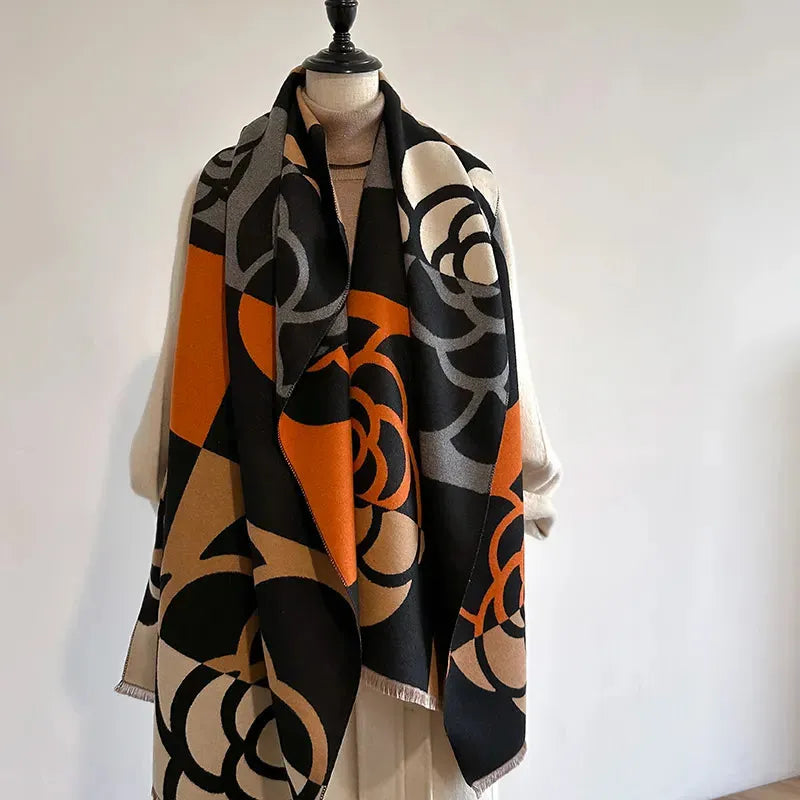 Wendeschal aus Kaschmir mit Blumenmuster 185x65 cm – Luxus-Winterschal für Damen und Herren - Orange - Schals und Tücher