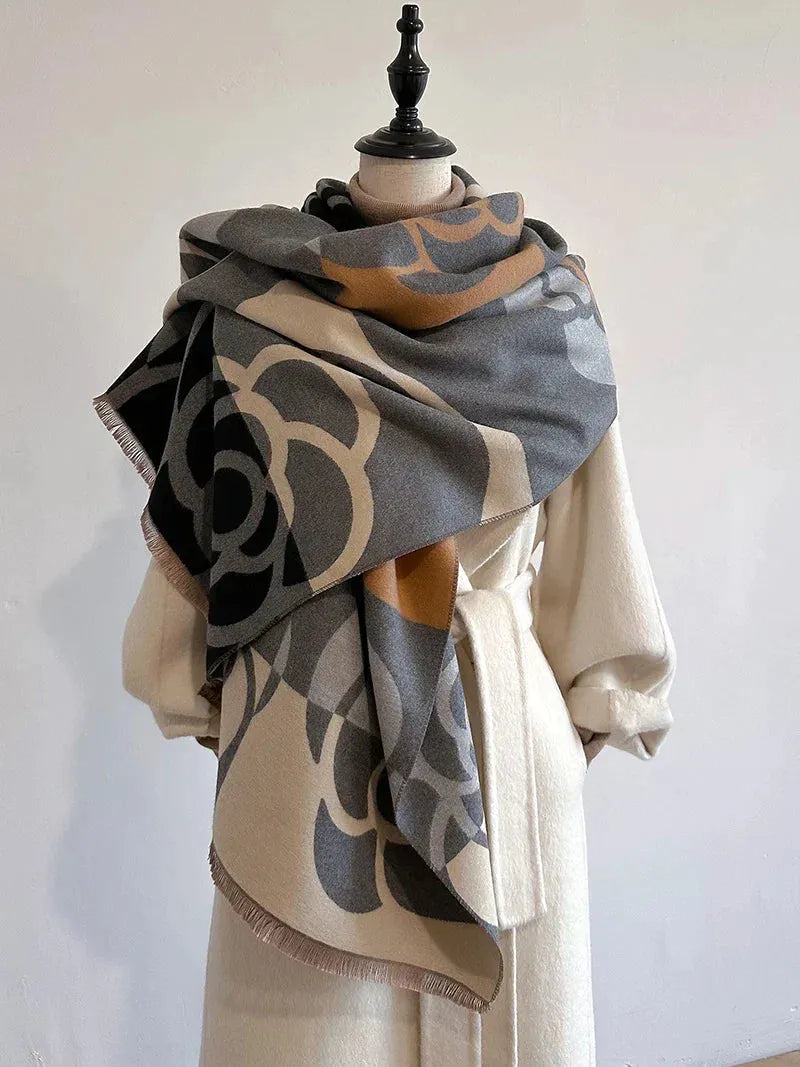 Wendeschal aus Kaschmir mit Blumenmuster 185x65 cm – Luxus-Winterschal für Damen und Herren - Grau - Schals und Tücher
