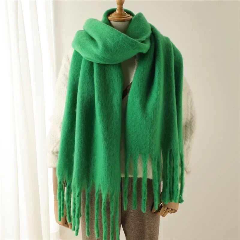 Winterschal mit großen Fransen Damen 240x38cm – Cashmere-Look Stola - Grün - Schals und Stolas