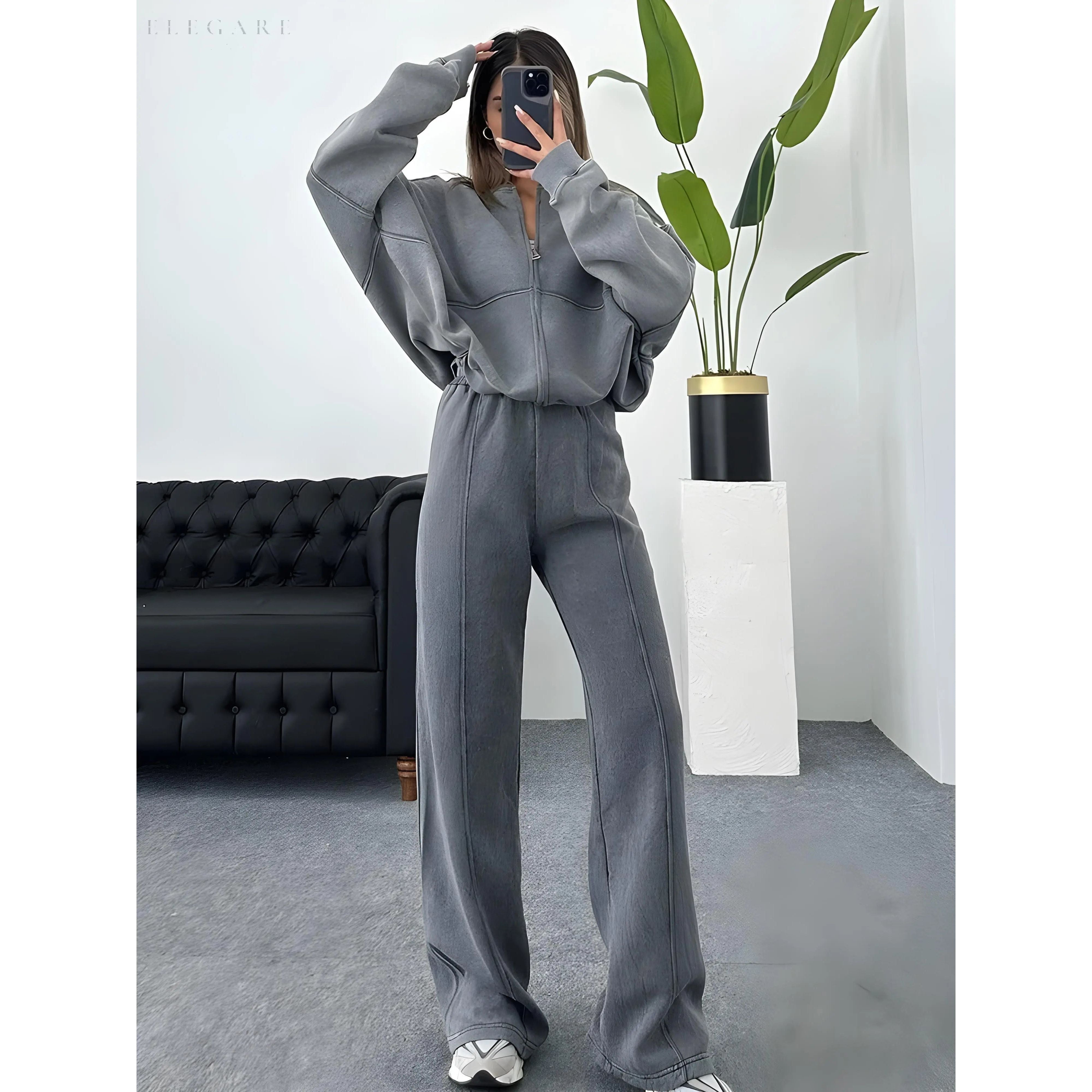 Zweiteiliges Damen-Set – Elegante Jacke mit Reißverschluss & Lockere Hose - Damen-Set