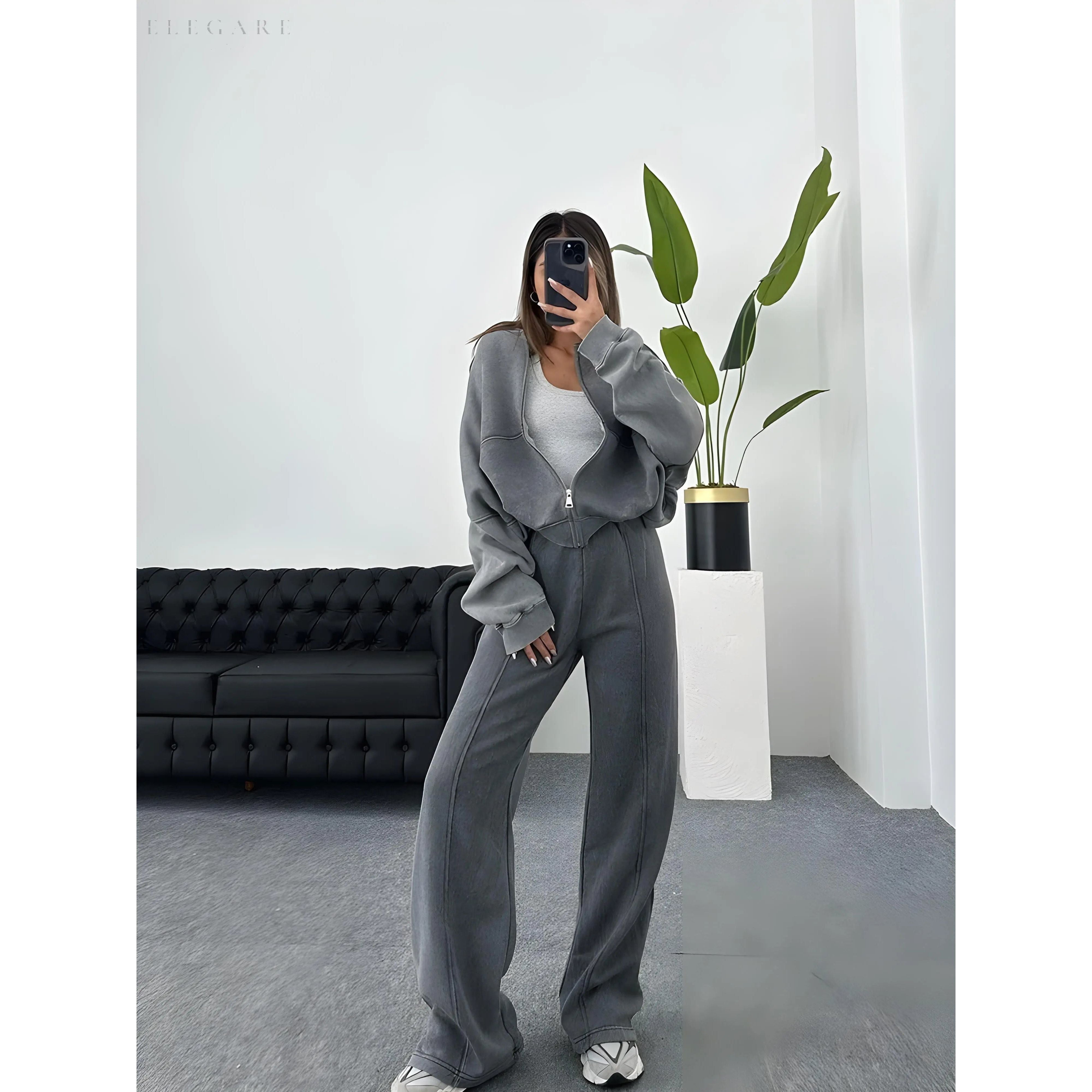 Zweiteiliges Damen-Set – Elegante Jacke mit Reißverschluss & Lockere Hose - Grau / S - Damen-Set