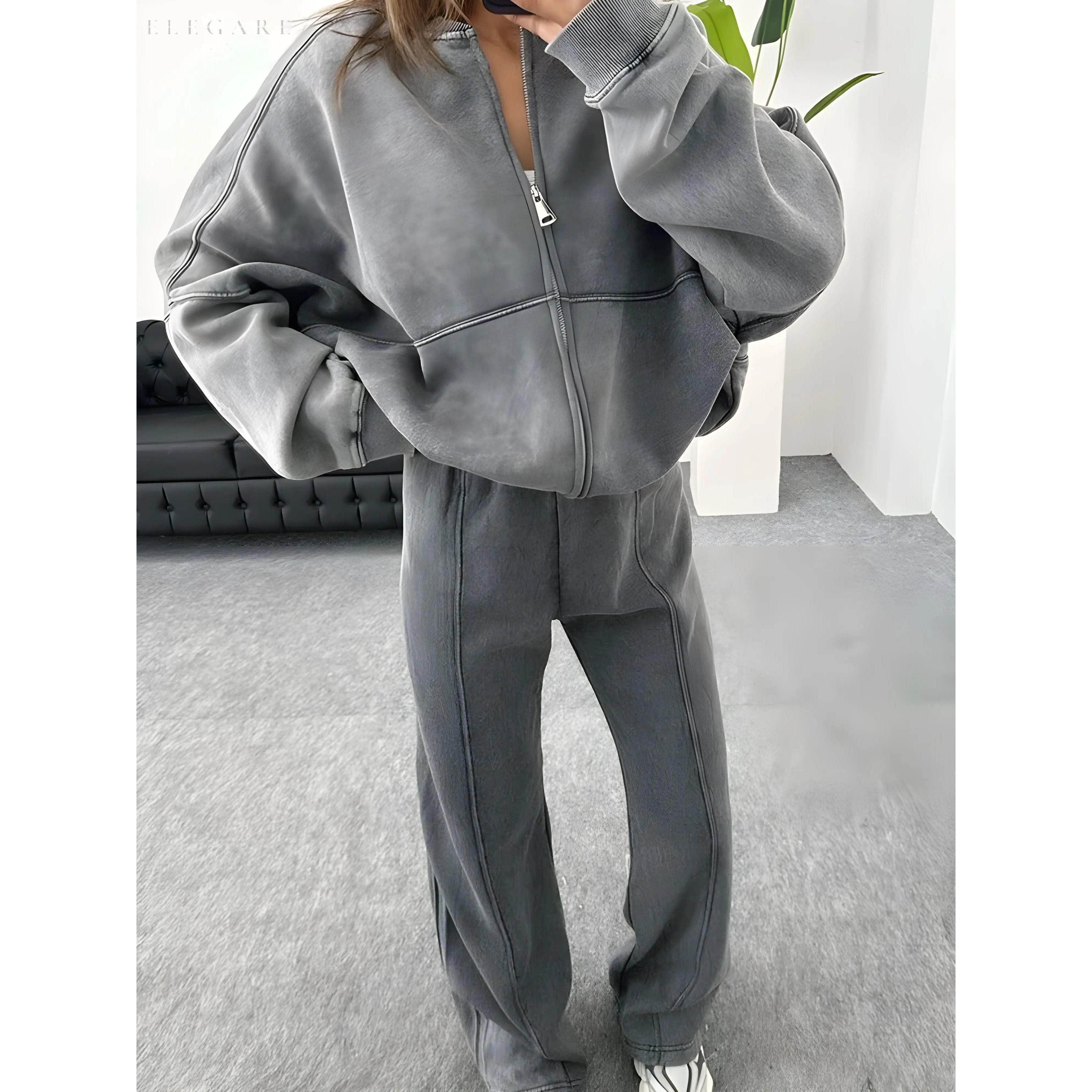 Zweiteiliges Damen-Set – Elegante Jacke mit Reißverschluss & Lockere Hose - Damen-Set