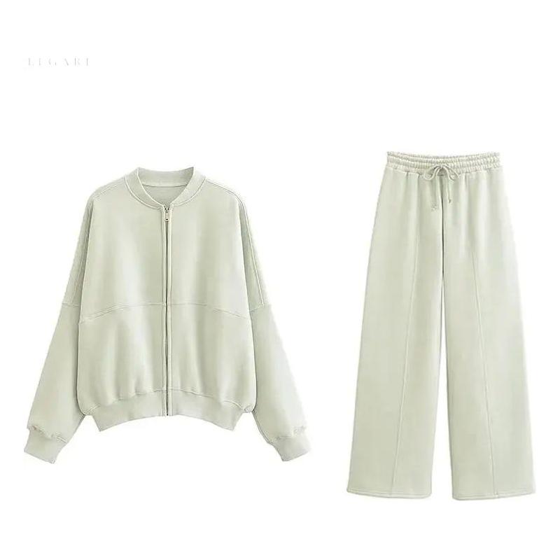 Zweiteiliges Damen-Set – Elegante Jacke mit Reißverschluss & Lockere Hose - Grün / S - Damen-Set