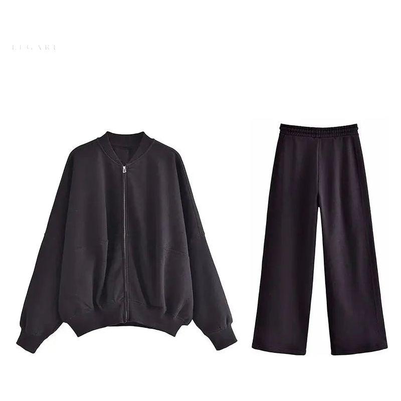 Zweiteiliges Damen-Set – Elegante Jacke mit Reißverschluss & Lockere Hose - Schwarz / S - Damen-Set