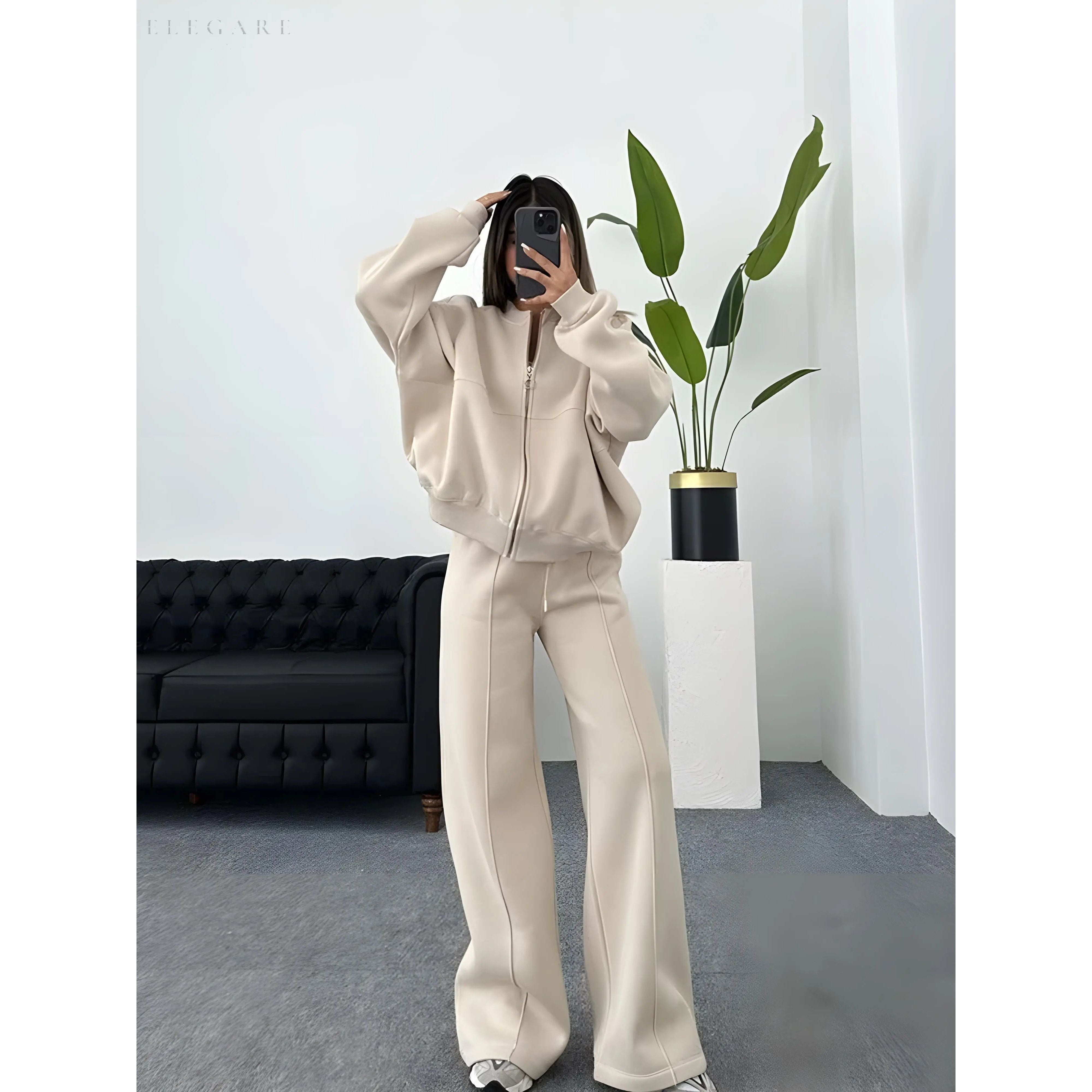 Zweiteiliges Damen-Set – Elegante Jacke mit Reißverschluss & Lockere Hose - Weiß / S - Damen-Set