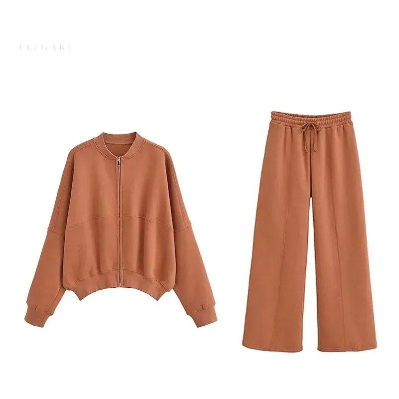 Zweiteiliges Damen-Set – Elegante Jacke mit Reißverschluss & Lockere Hose - Braun / S - Damen-Set