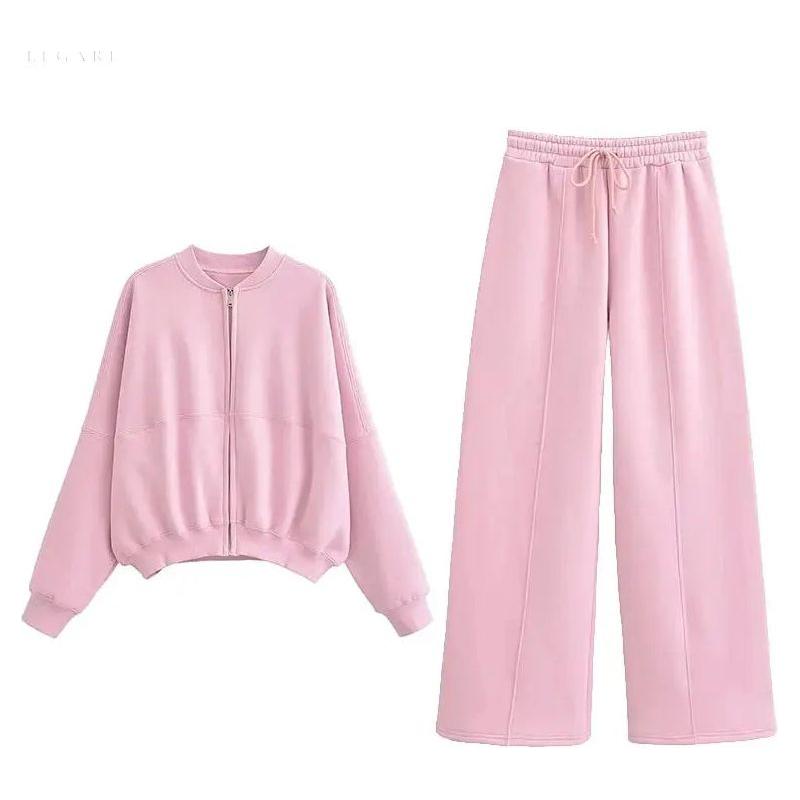 Zweiteiliges Damen-Set – Elegante Jacke mit Reißverschluss & Lockere Hose - Rosa / S - Damen-Set