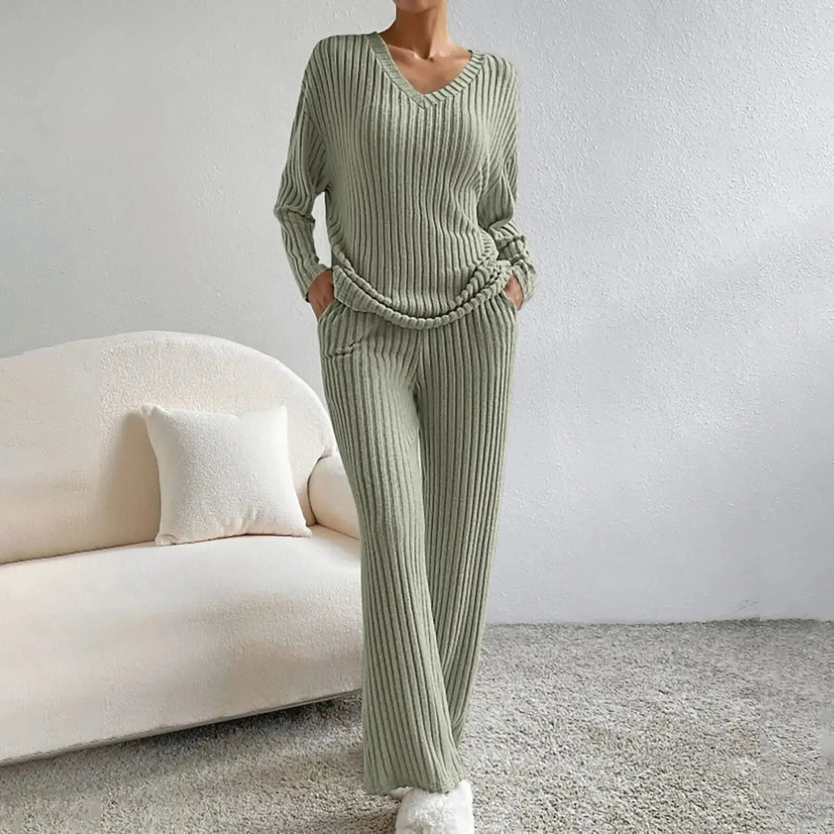 Zweiteiliges Damen Strick-Hausanzug Set – Weich und Bequem - Damen Hausanzug Set